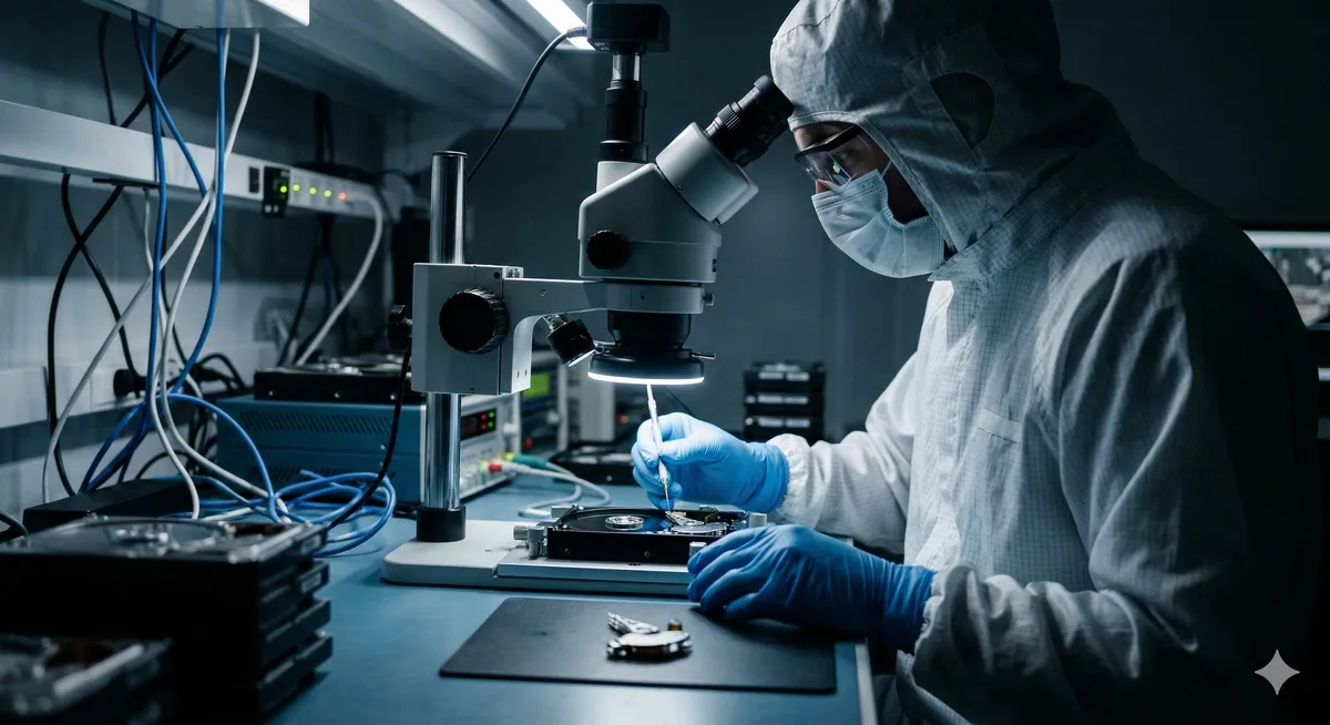 Engineer performing a head swap inside a cleanroom