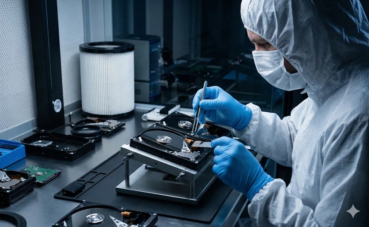 Data recovery engineer performing a head swap inside a cleanroom