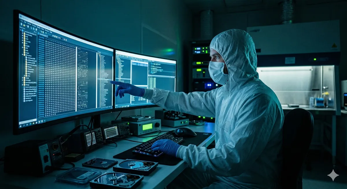 Cybersecurity engineer analyzing complex encryption codes on multiple monitors