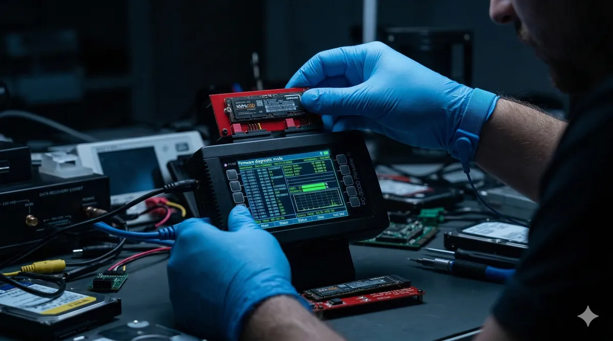 Engineer using PC-3000 Portable to force an SSD into safe mode